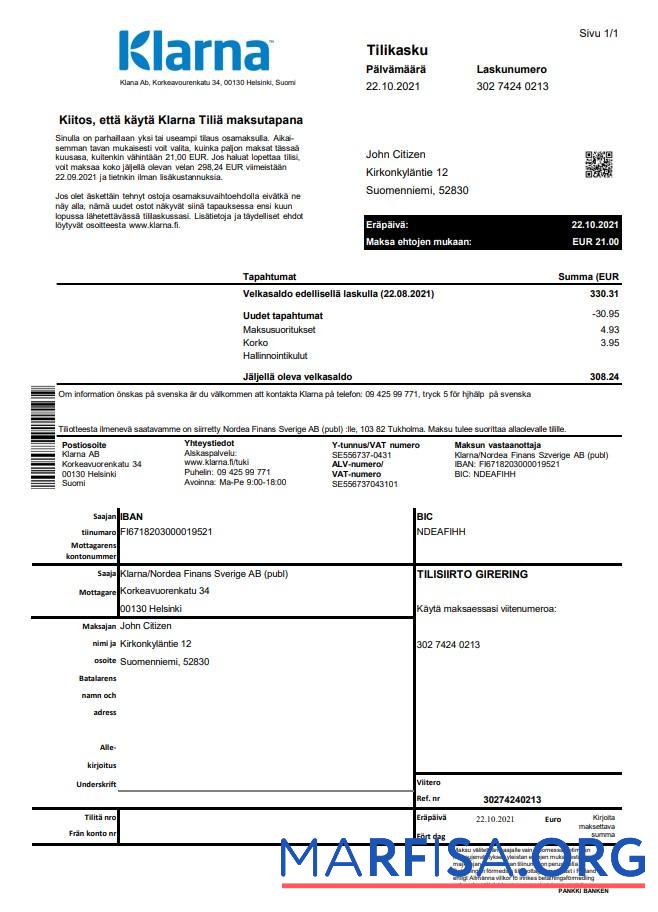Downloadable Finland Klarna bank statement excel template